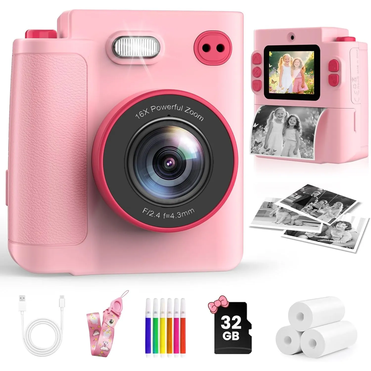 Sofortbildkamera Kinder, 1080P HD Kinderkamera Sofortbildkamera mit 32GB Karte & DruckerPapier, Kinderspielzeug Geburts…