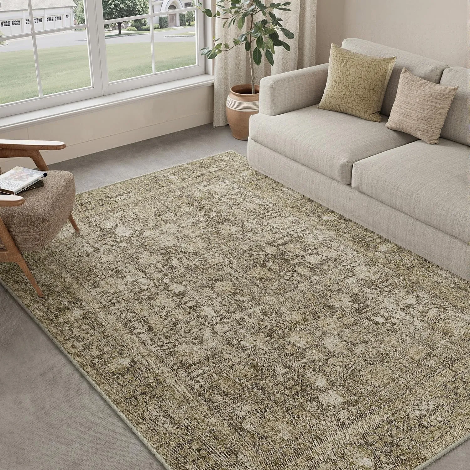 HUGEAR Braun Vintage Teppich Wohnzimmer 150x210cm Waschbar | Waschbarer Retro Teppich,Weich,Rutschfest Kurzflor,Groß,fü…