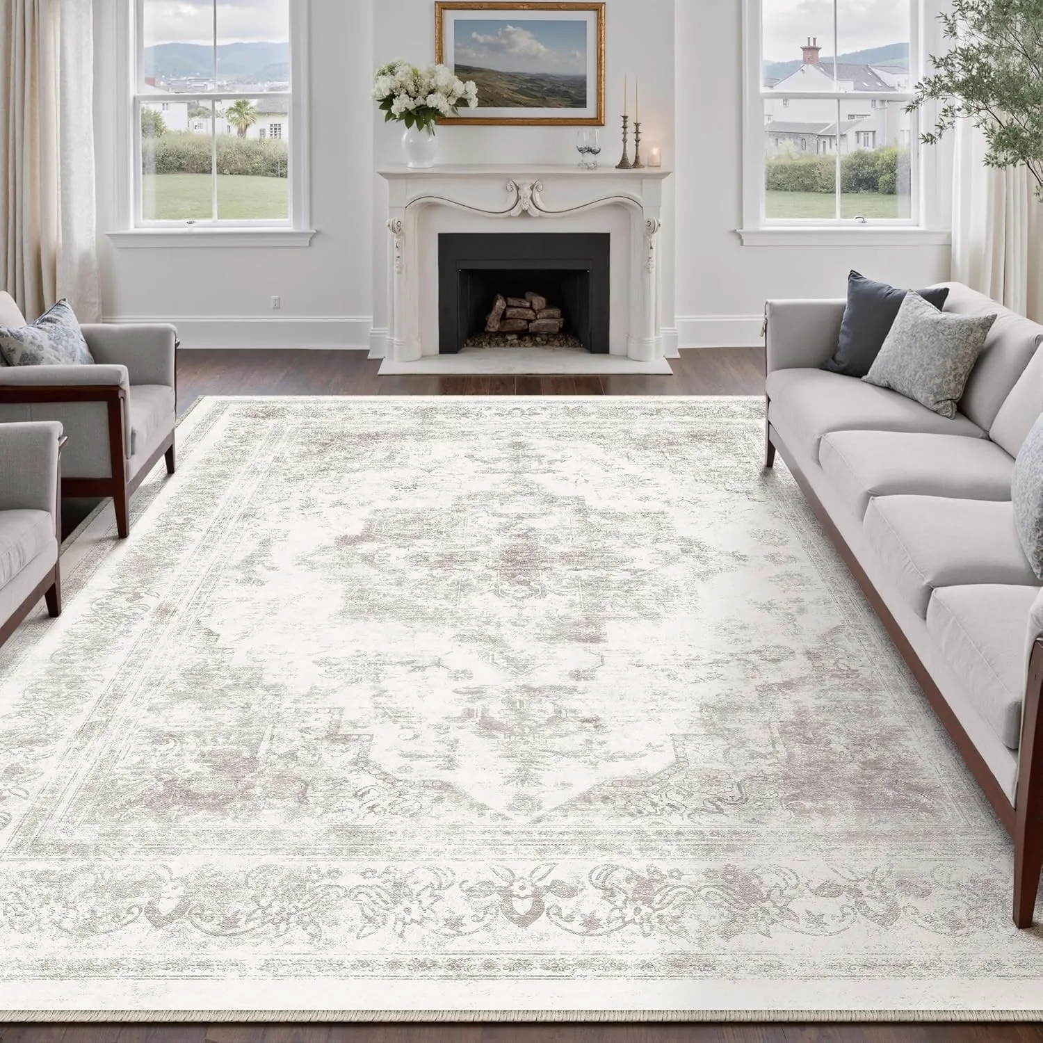 HUGEAR Vintage Grau Waschbarer Teppich Wohnzimmer 150x210cm Retro Rugs for Living Room Weich rutschfest Groß Tepich Kur…