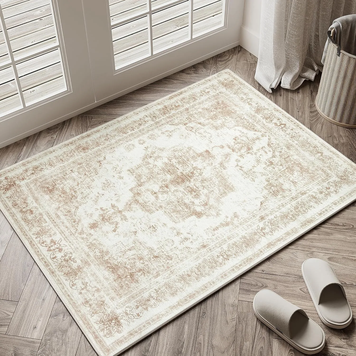 HUGEAR Creme Vintage Fußmatte 60x90cm Waschbar | Waschbarer Teppich, Weich Rutschfest, Kurzflor im Retro, für Eingangsb…