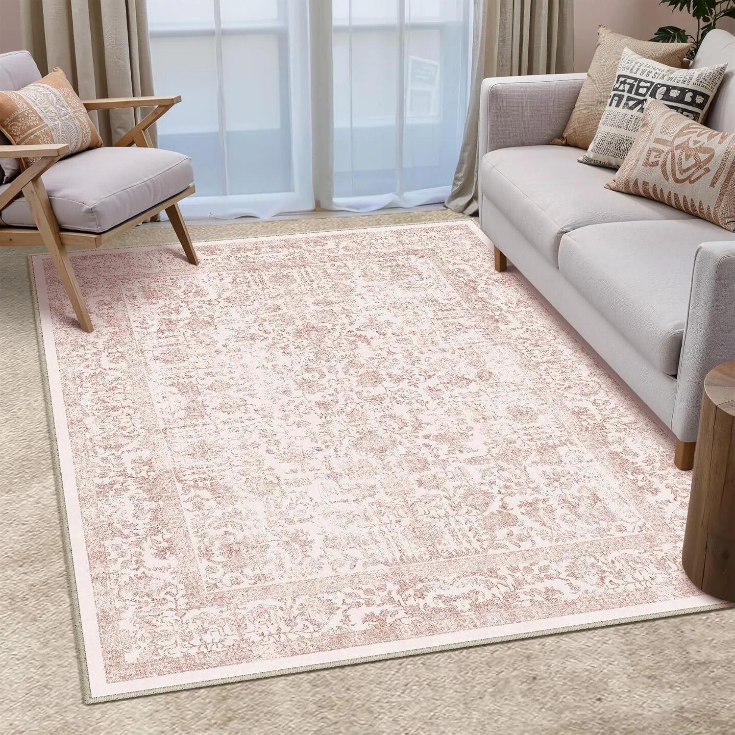 HUGEAR Rose Vintage Teppich Wohnzimmer 150x210cm Waschbar | Waschbarer Retro Teppich,Weich,Rutschfest Kurzflor,Groß,für…