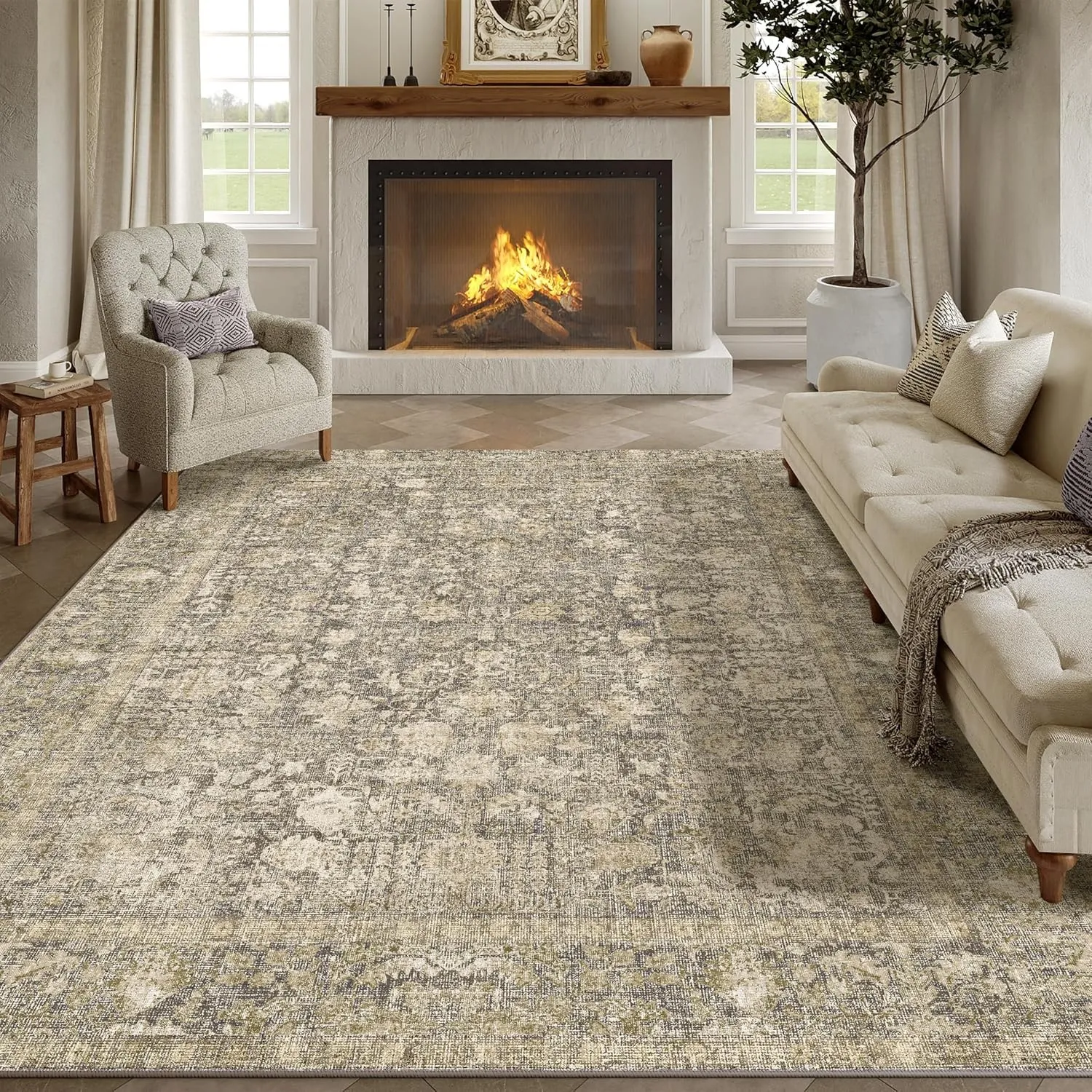 HUGEAR Vintage Braun Waschbarer Teppich Wohnzimmer 240x300cm Retro Rugs for Living Room Weich rutschfest Groß Tepich Ku…