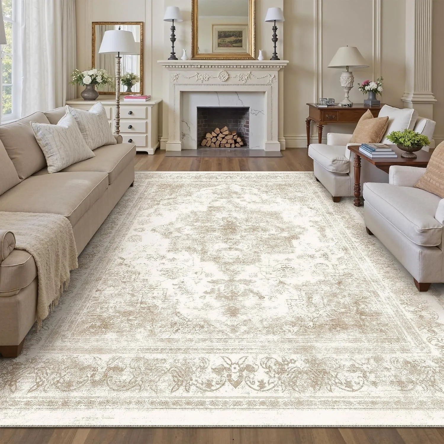 HUGEAR Creme Vintage Teppich Wohnzimmer 240x300cm Waschbar