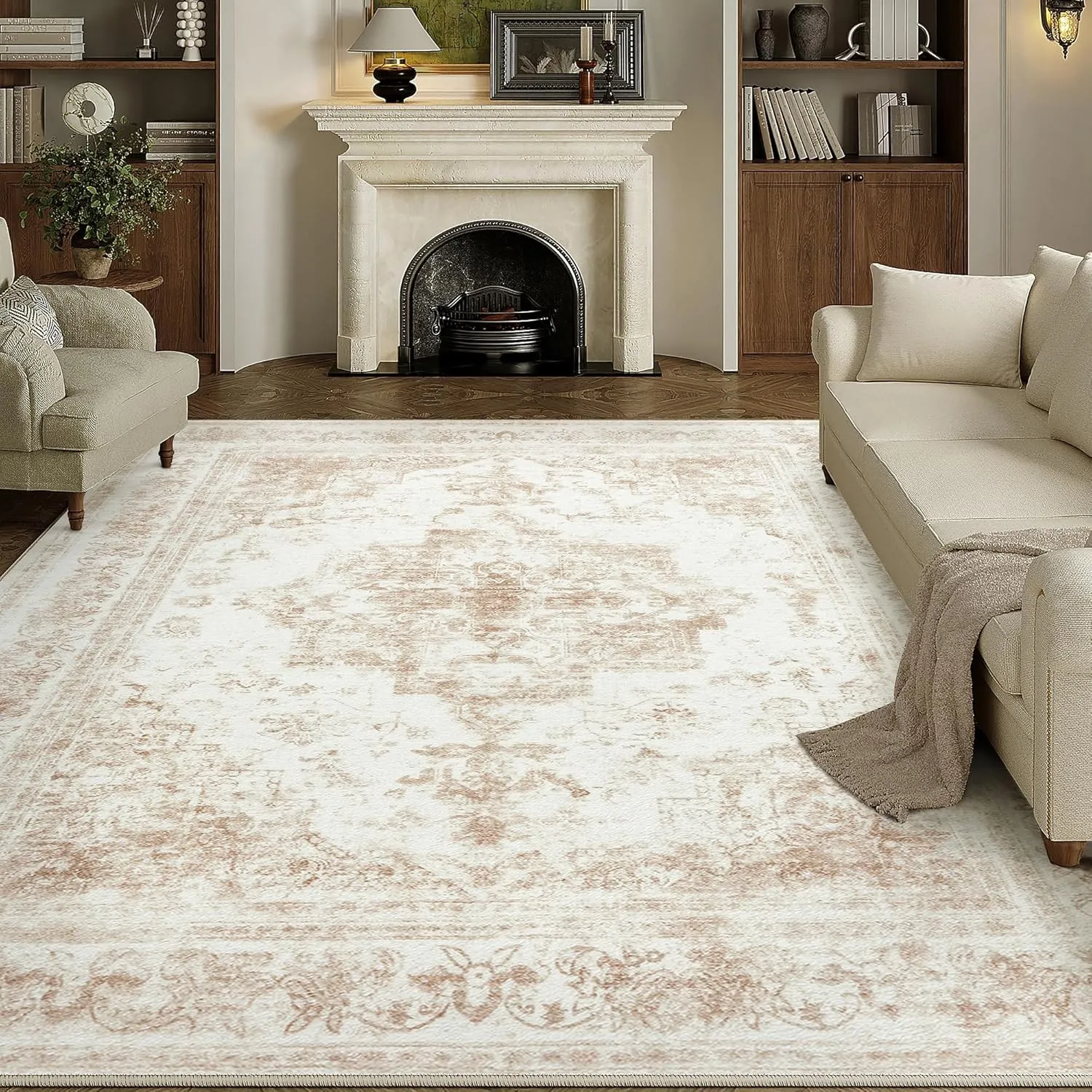 HUGEAR Vintage Creme Waschbarer Teppich Wohnzimmer 180x270cm Retro Rugs for Living Room Weich rutschfest Groß Tepich Ku…