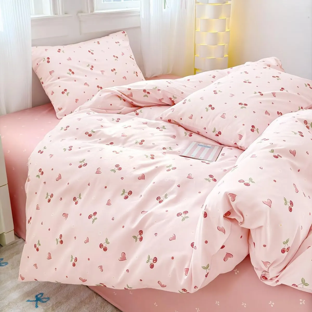 AShanlan Bettwäsche Baumwolle 135x200 Rosa Kirschen Herzen Muster Bettwäsche-Sets mit Reißverschluss ÖkoTex Zertifizier…
