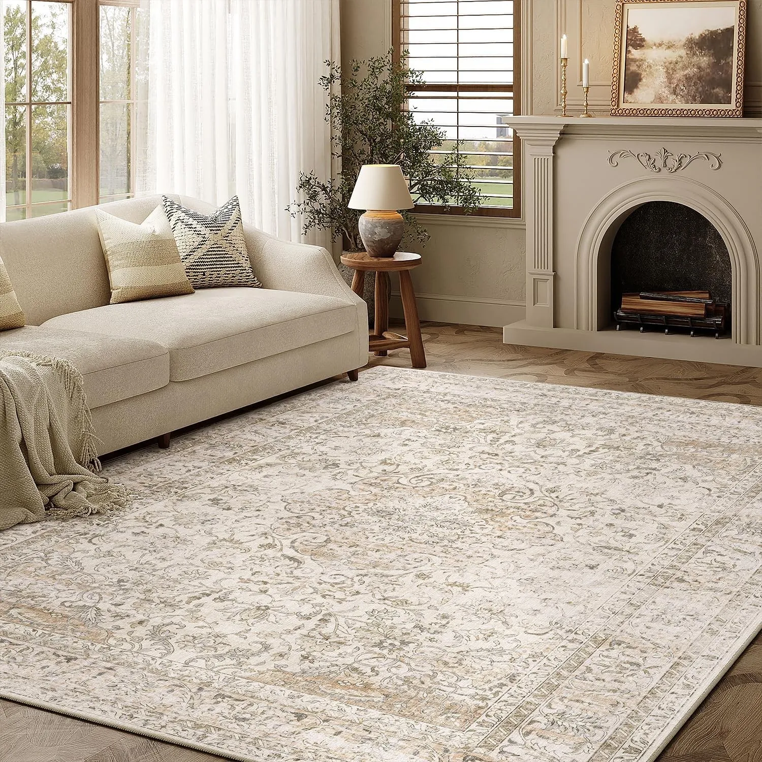 HUGEAR Vintage Teppich Wohnzimmer 140x200cm Beige Waschbar | Waschbarer Retro Teppich,Weich,Rutschfest Kurzflor,Groß,fü…