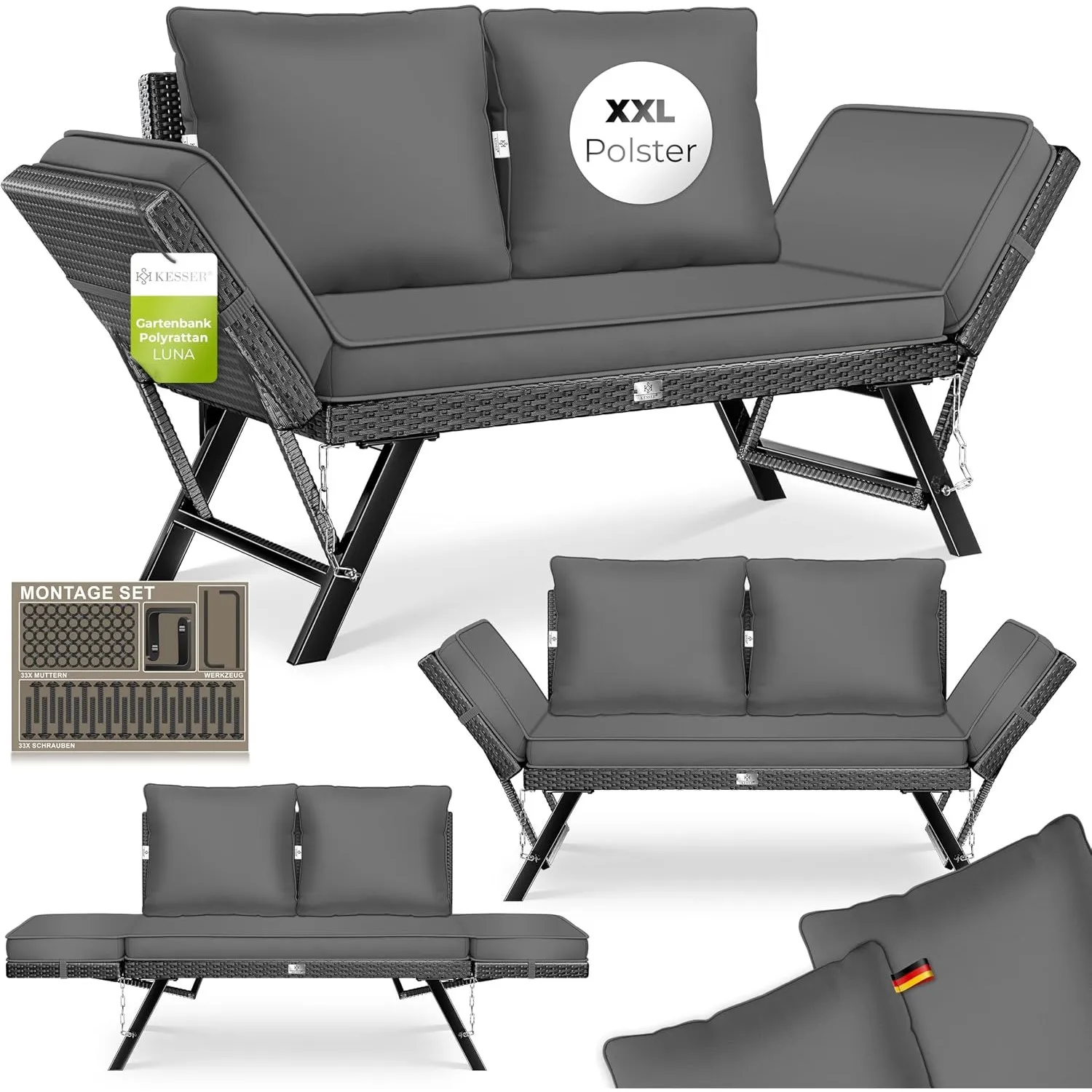 KESSER® Gartenbank Polyrattan Luna mit Liegefunktion Gartensofa 4 in 1 Verstellfunktion Gartencouch Wetterfest Balkonso…
