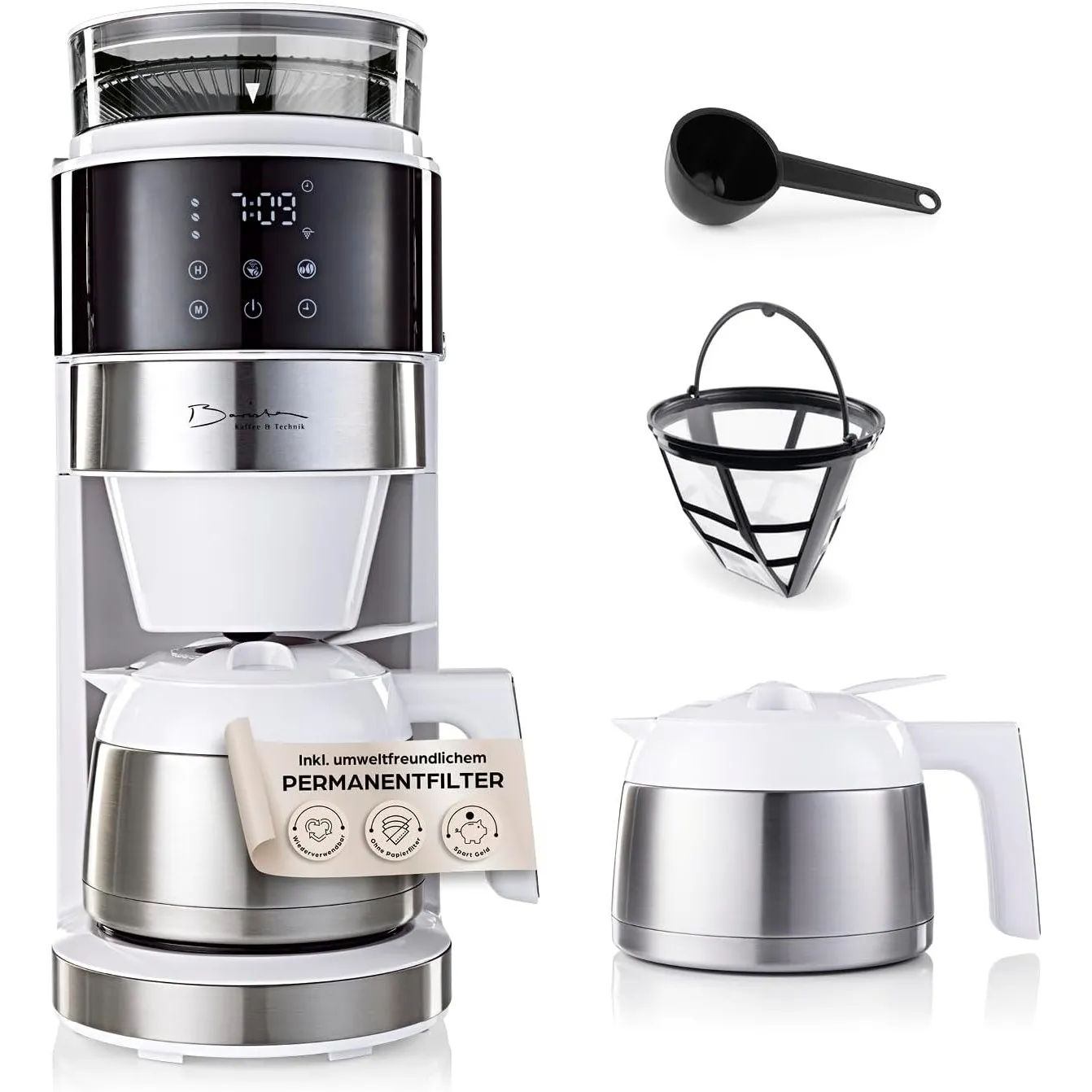 Barista Filterkaffeemaschine mit verstellbarem Mahlwerk (Pro Design) | Warmhaltefunktion, 24h Timer & Permanentfilter |…