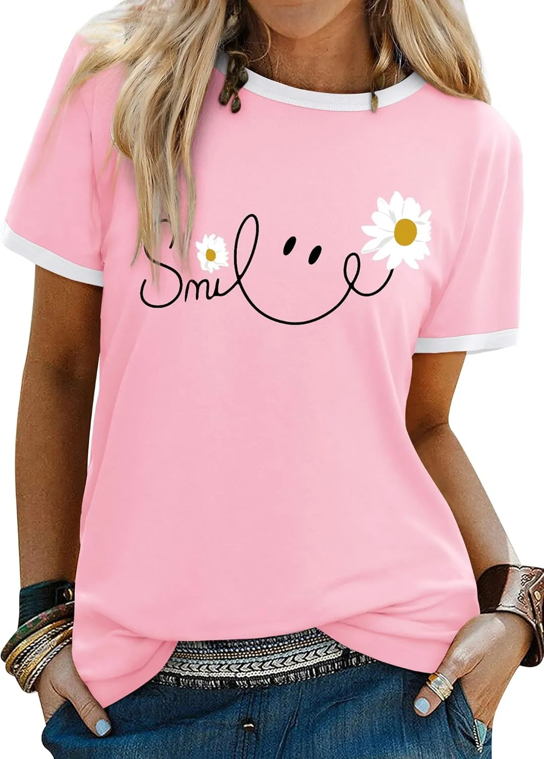T-shirts Women's Round Neck Top Women's Daisy Print Short Sleeve Tee Shirt Summer Smile Letter Printed Shirts