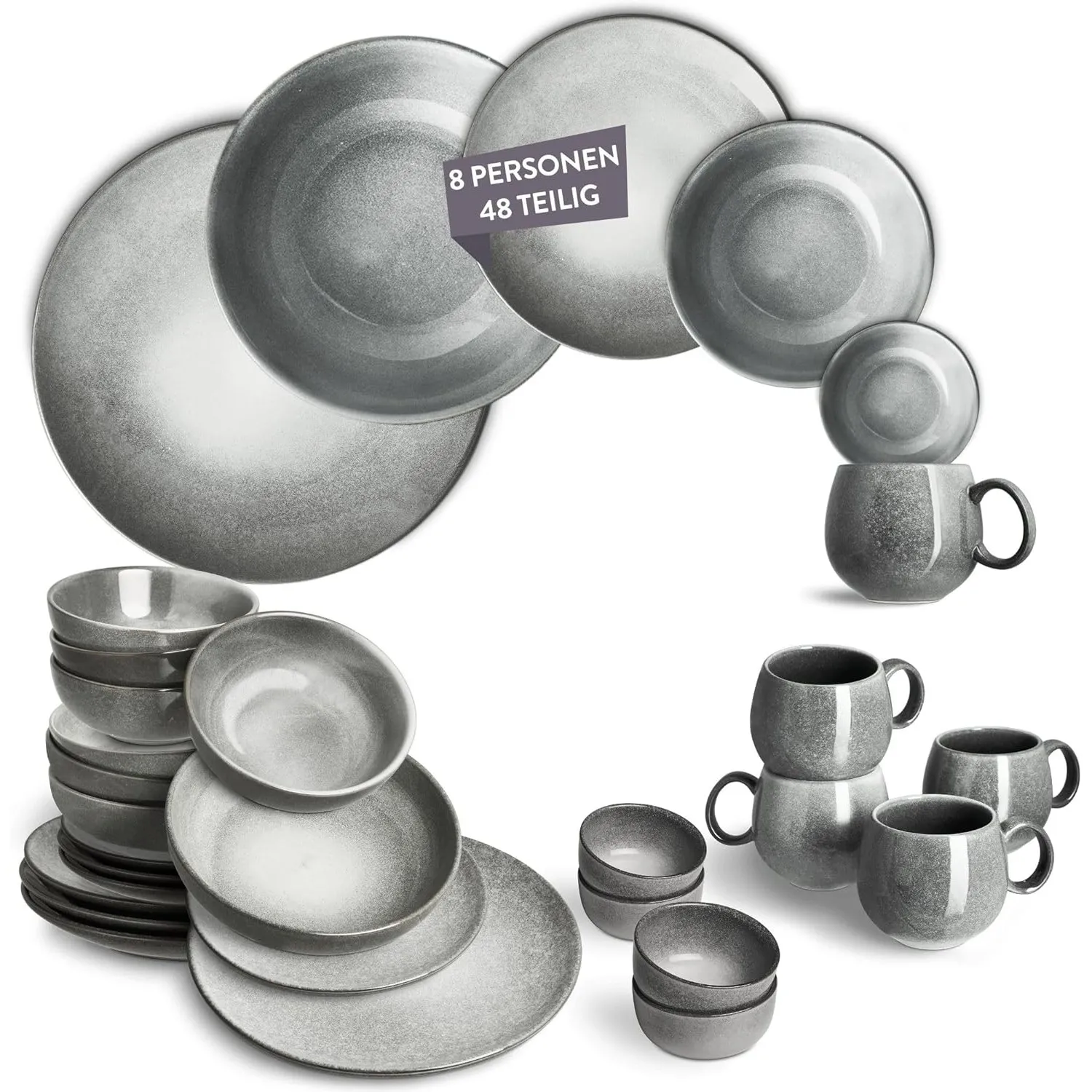 Springlane Misty Cliff Geschirr Set 48-teilig – Steinzeug Tafelservice für 8 Personen – 8x Speiseteller, 8x Suppentelle…