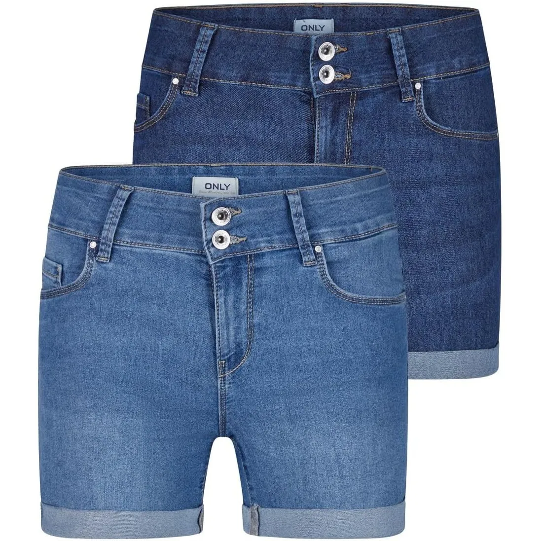 ONLY Jeans Shorts Damen Stretch Kurz Skinny Fit Mid Waist ONLCARMEN 2er Pack Kurze Hose Sommer Basic Denim Blau Schwarz…