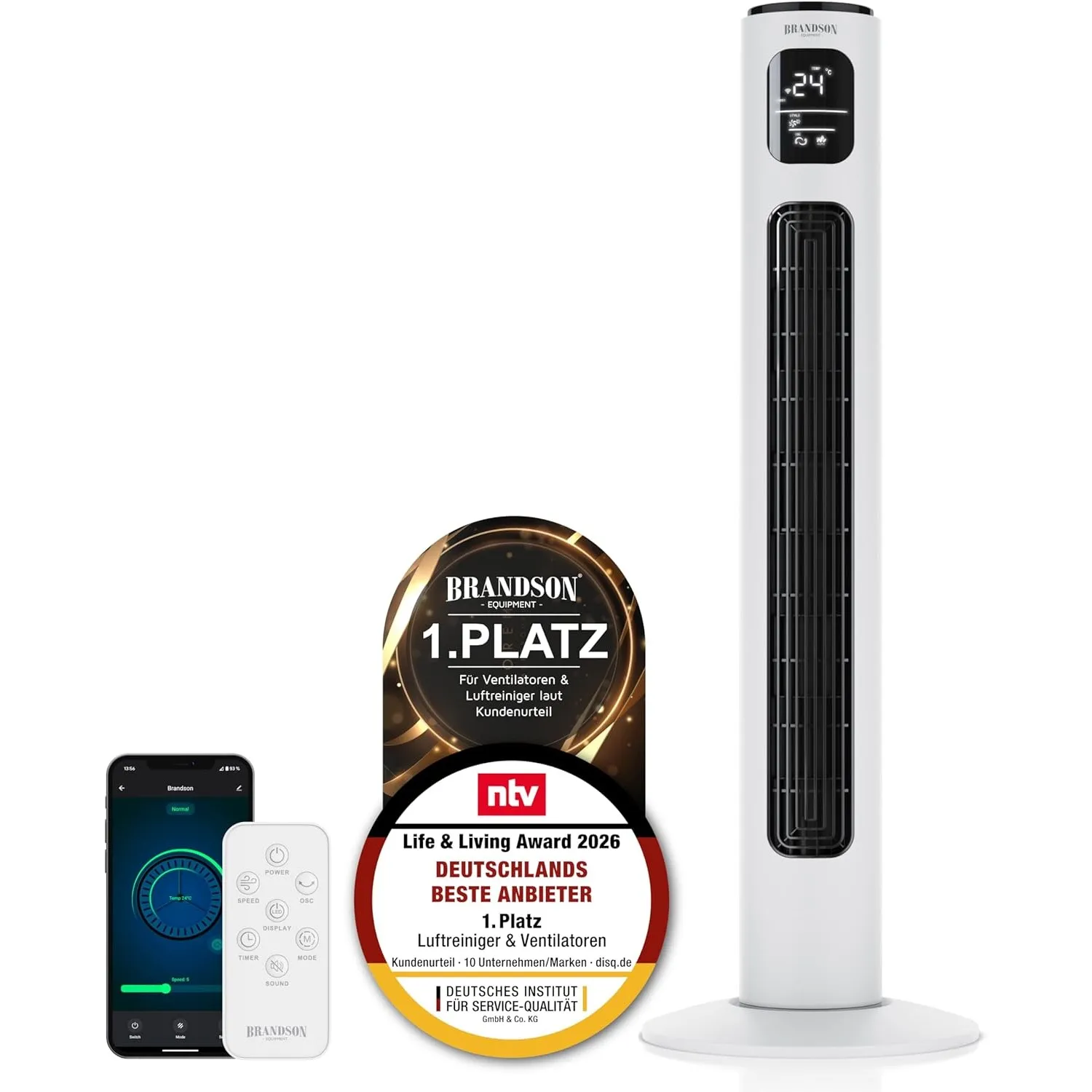 Brandson - Turmventilator ECO mit DC Motor - sehr leise – Wlan Smart Home mit App/WiFi Alexa Sprachsteuerung - Großes L…