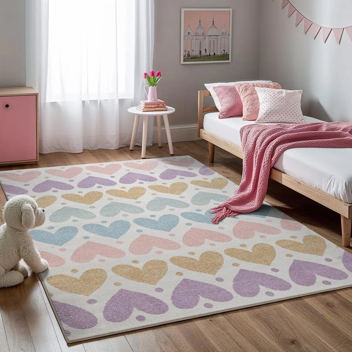 the carpet Beat Kids Moderner Weicher Kinderteppich, Weicher Flor, Pflegeleicht, Farbecht, Herzchen Muster, Creme Bunt,…