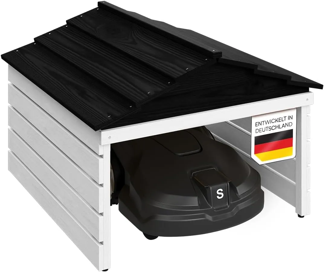 STEELSØN Nembus Mähroboter Garage Weiß – Rasenroboter Garage Holz – Rasenmäher Haus mit abnehmbarem Dach – für gängige …