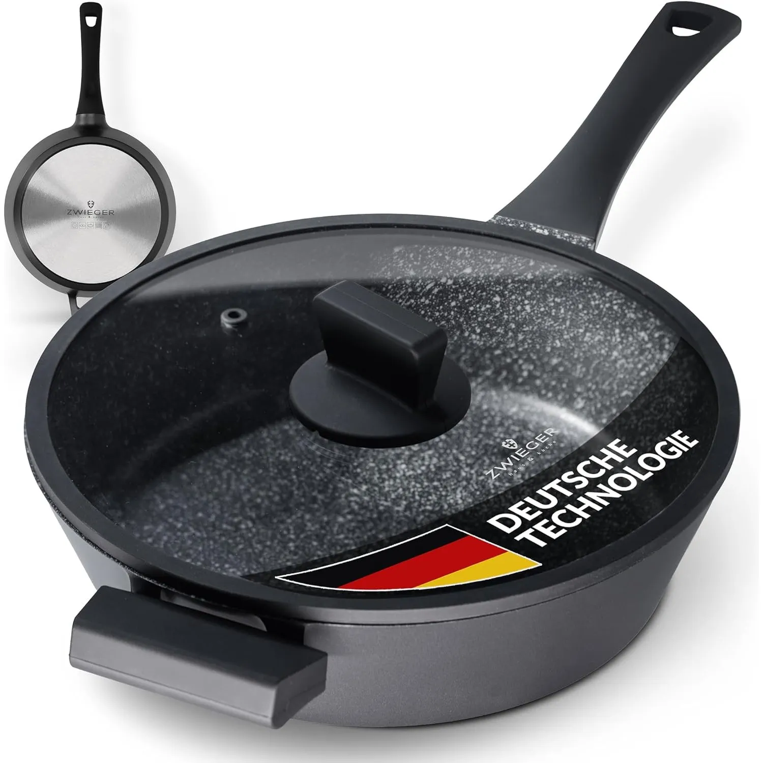 ZWIEGER Große Pfanne mit Deckel 28cm – Schmorpfanne 28 cm hoher Rand