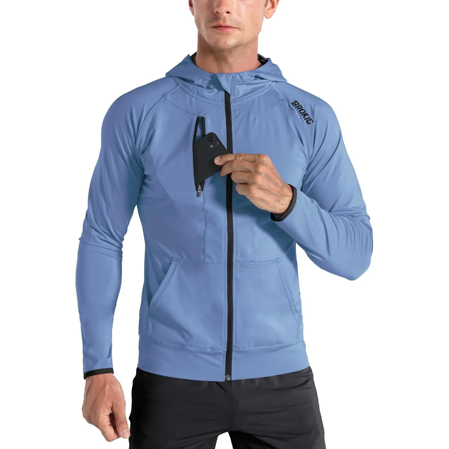 BROKIG Leichte Hoodie Herren,Schnelltrocknende Laufjacke Atmungsaktives Kapuzenpullover Trainingsjacke mit Reißverschlu…