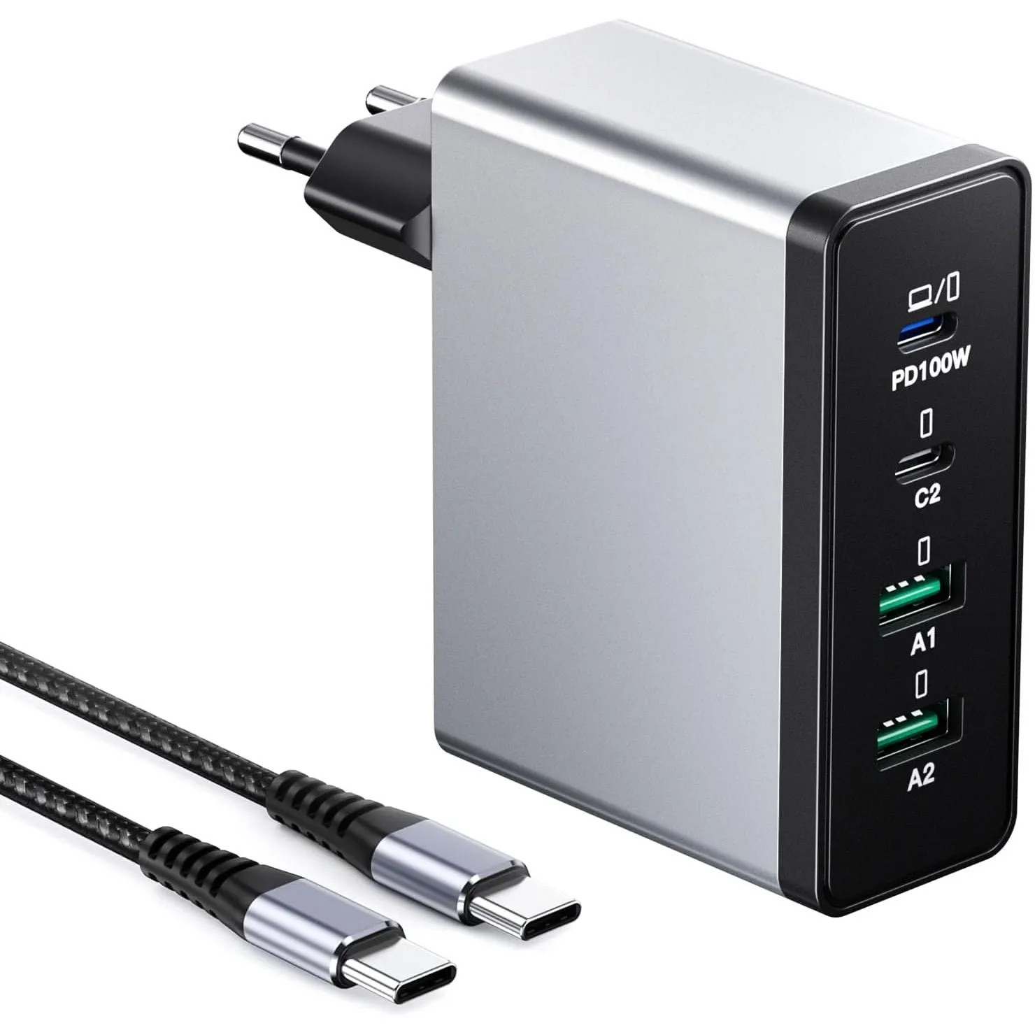 USB C Ladegerät 100W, 4 Ports Mehrfach Stecker mit【2 USB-C und 2 USB-A】, 100W Netzteil Wand-Ladegerät, Fast Charge PD 3…