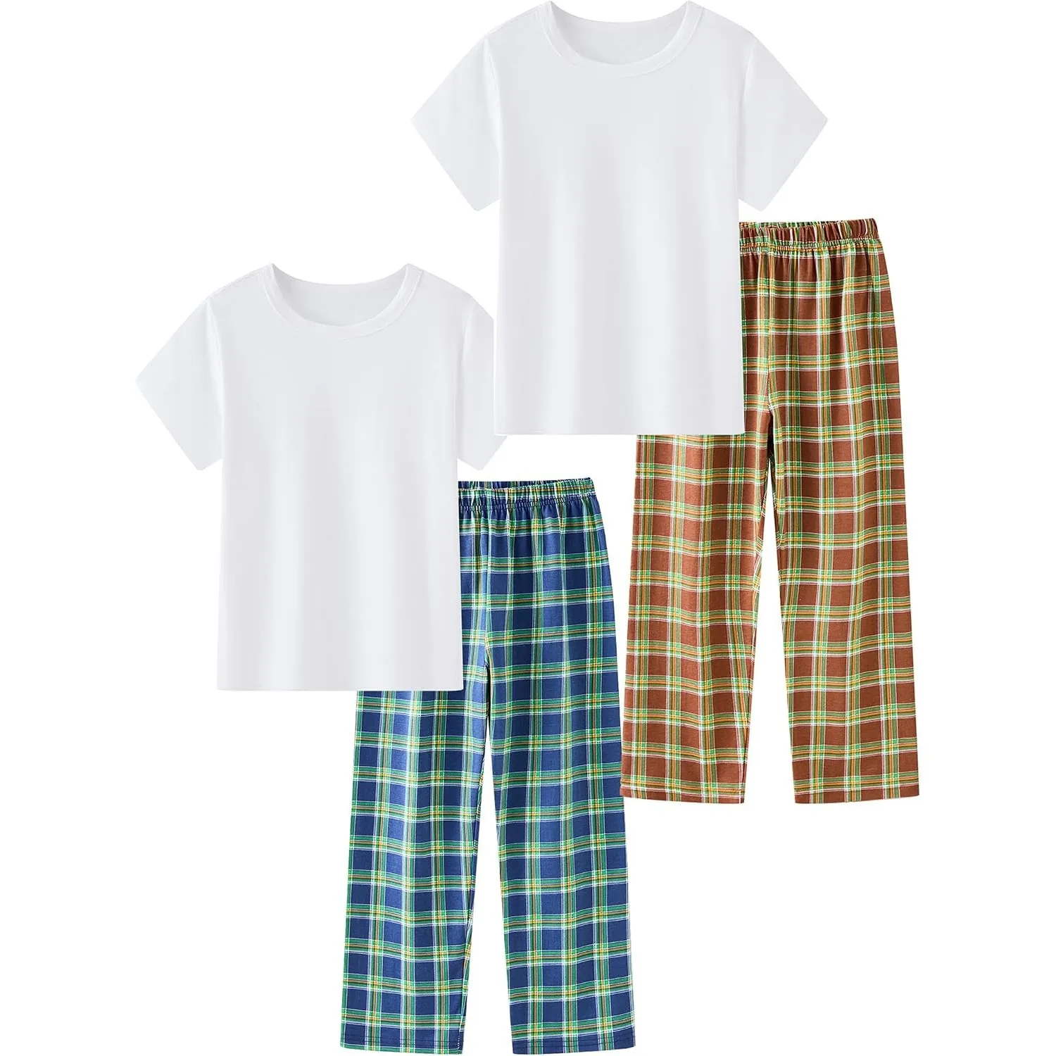 Jungen Pyjamas 4-teiliges Set Kinder Kleidung Stretch gerippte Baumwolle Nachtwäsche Weiß Top Karierte Hosen Nachtwäsch…