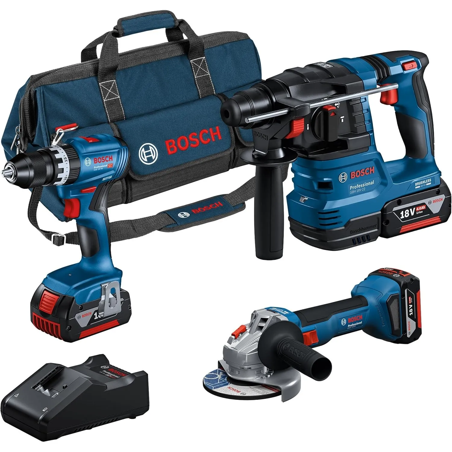 Bosch Professional 18V System Akku-Combo Kit: GSB 18V-45 + GBH 18V-22 + GWS 18V-8 (inkl. 3x GBA 4.0Ah, GAL 18V-40, Werk…