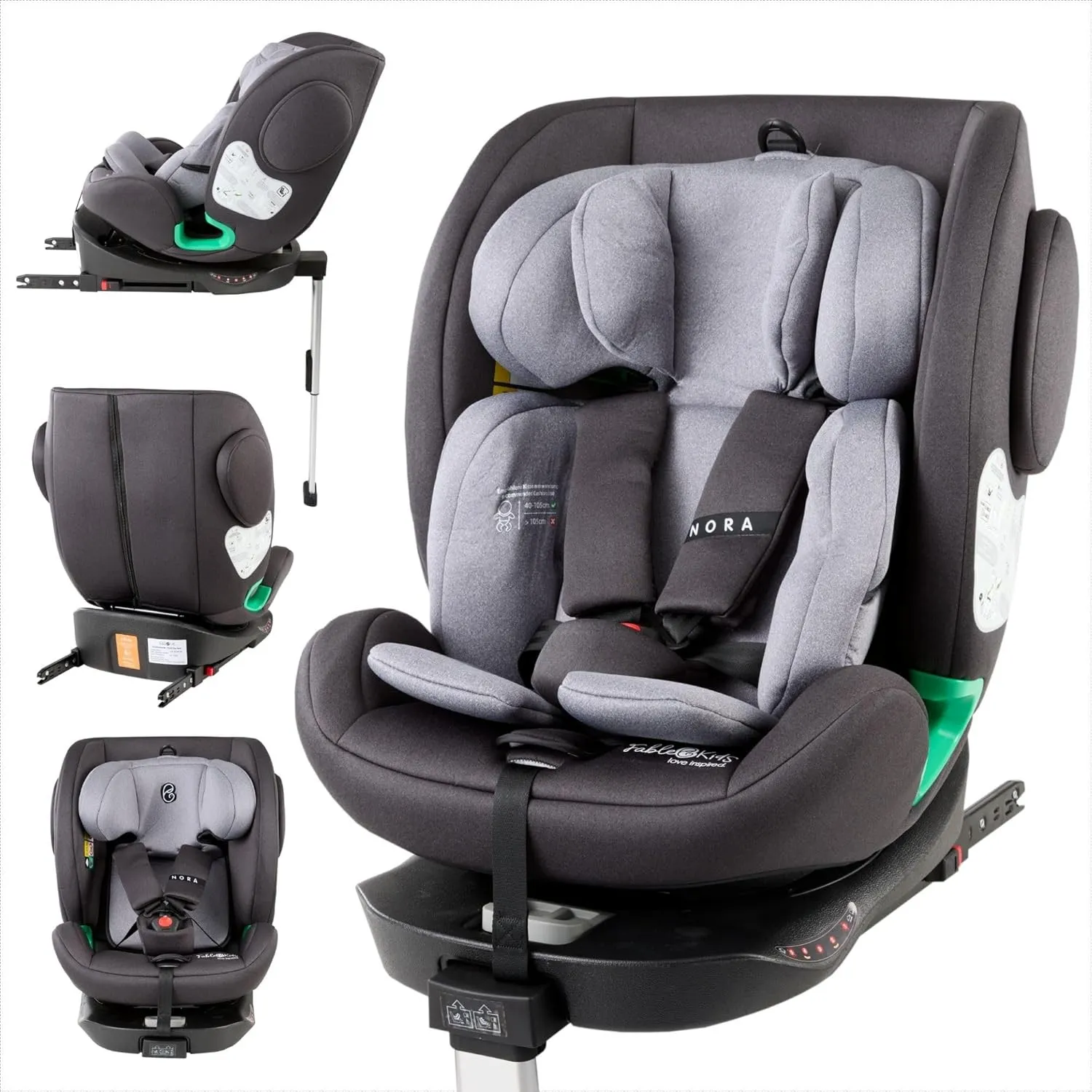 FableKids NORA Kindersitz Grau | 360° drehbarer i-Size Autokindersitz 40–150 cm | Reboarder mit ISOFIX & Stützbein | hö…