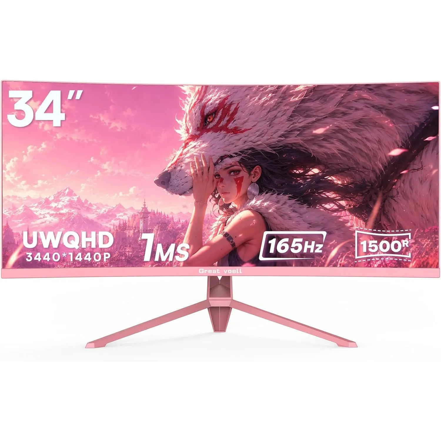Great voell 34 Zoll Curved Gaming Monitor Pink, UWQHD, FreeSync
