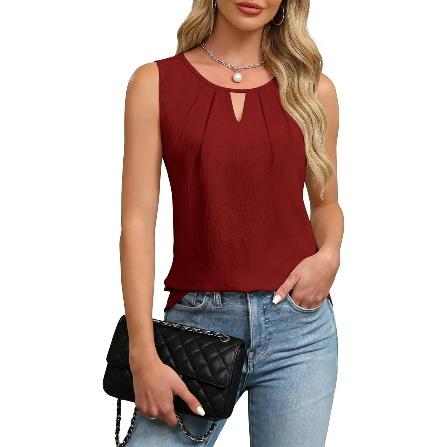 Chicrise Tank Top Damen V Ausschnitt Oberteile Ärmellos Sommer Keyhole Elegant Bluse