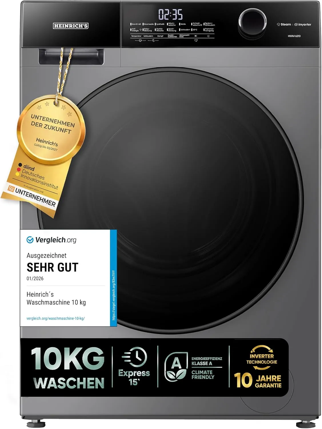 Heinrich´s Washing Machine, Steam Function, 10 kg Mega Capacity, 15 Programmes, 1400 rpm, Aqua Stop, LED Display, End T…
