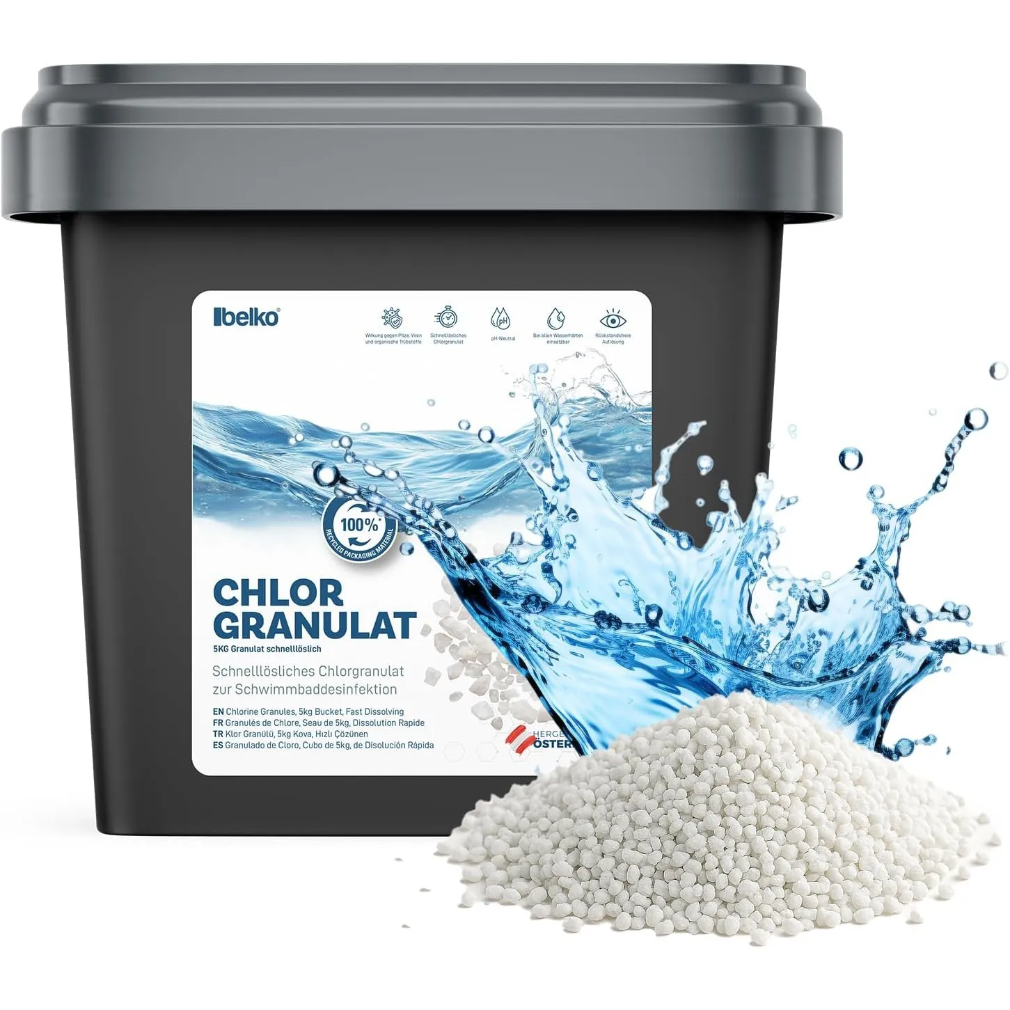 Belko® Chlorgranulat für Pool 5kg, schnelllöslich zur Schnellen Anhebung des Chlorgehaltes, Sichere und schnelle Desinf…