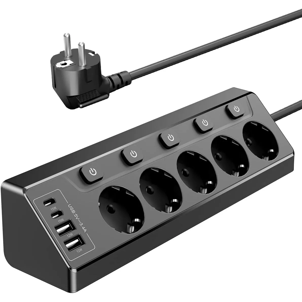 Ecksteckdose mit Unabhängigem Schalter, Steckdosenleiste Mit 4 USB (2 USB C)+5 Fach Steckdose Mit Kindersicherung, 3680…