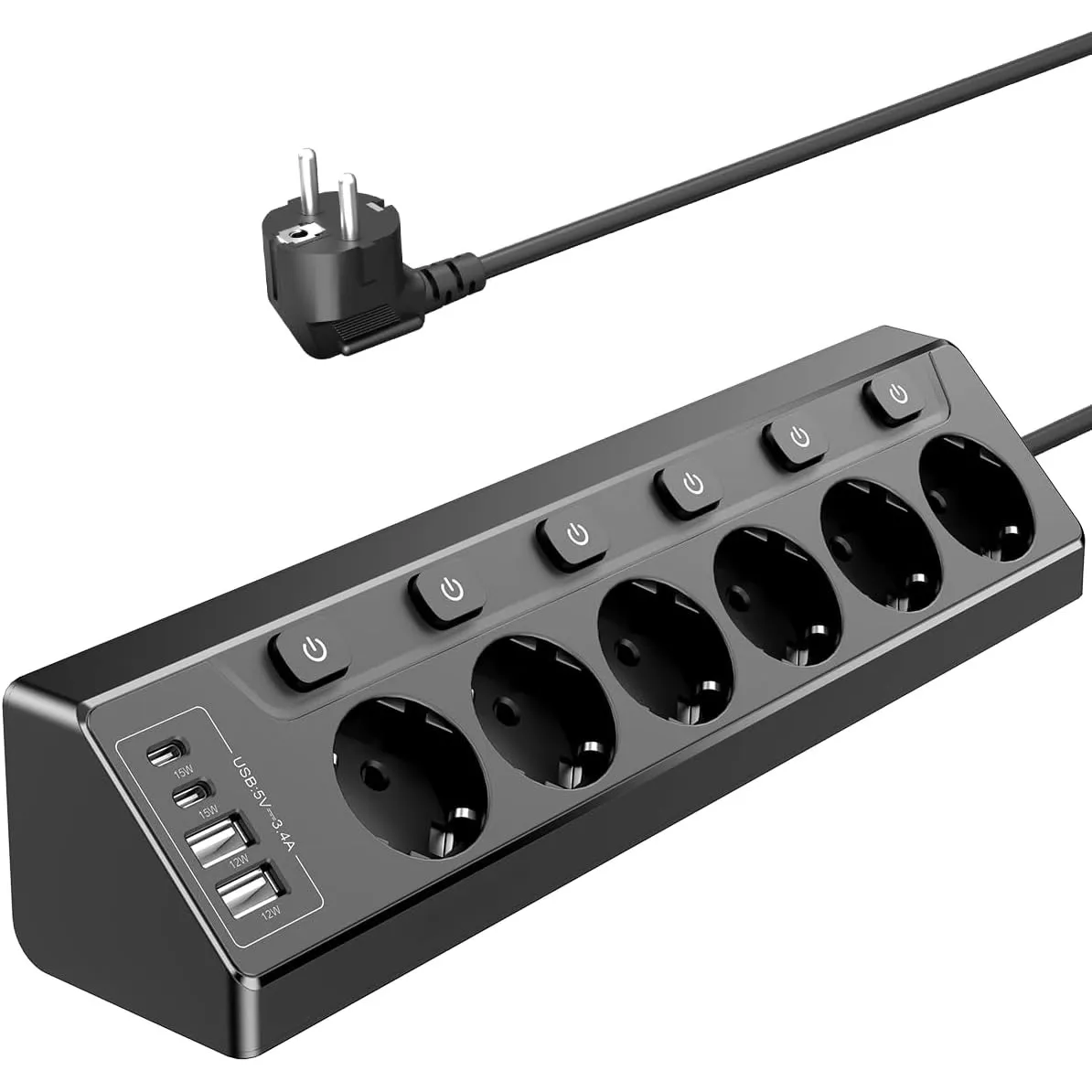 Ecksteckdose mit Unabhängigem Schalter，Steckdosenleiste Mit 4 USB (2 USB C)+6 Fach Steckdose Mit Kindersicherung, 3680W…