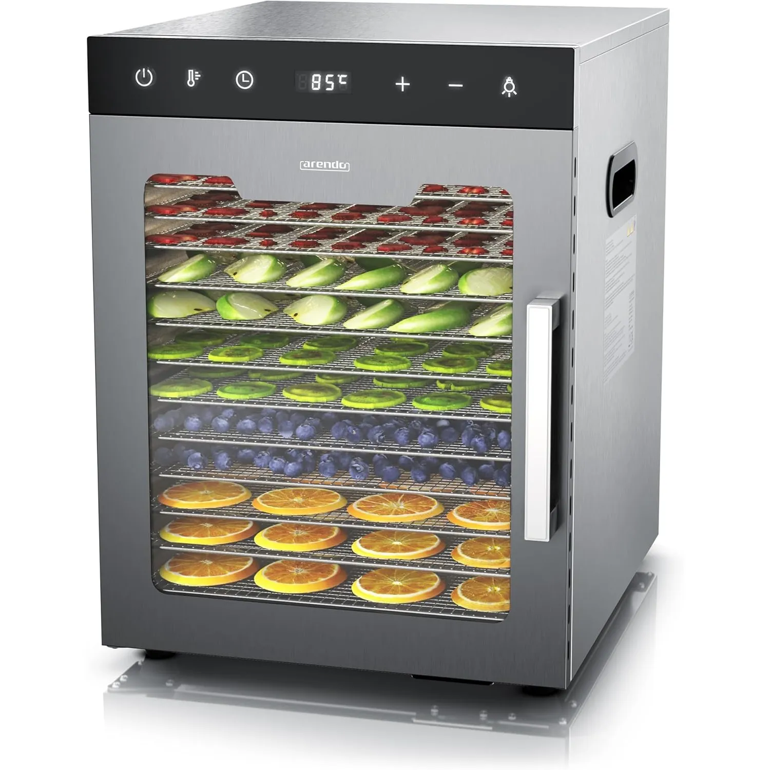 Arendo - Dörrautomat Edelstahl mit 12 Edelstahlgitter - 800 W - 30°- 90°C - 12 Edelstahl Einlegetabletts mit insgesamt …