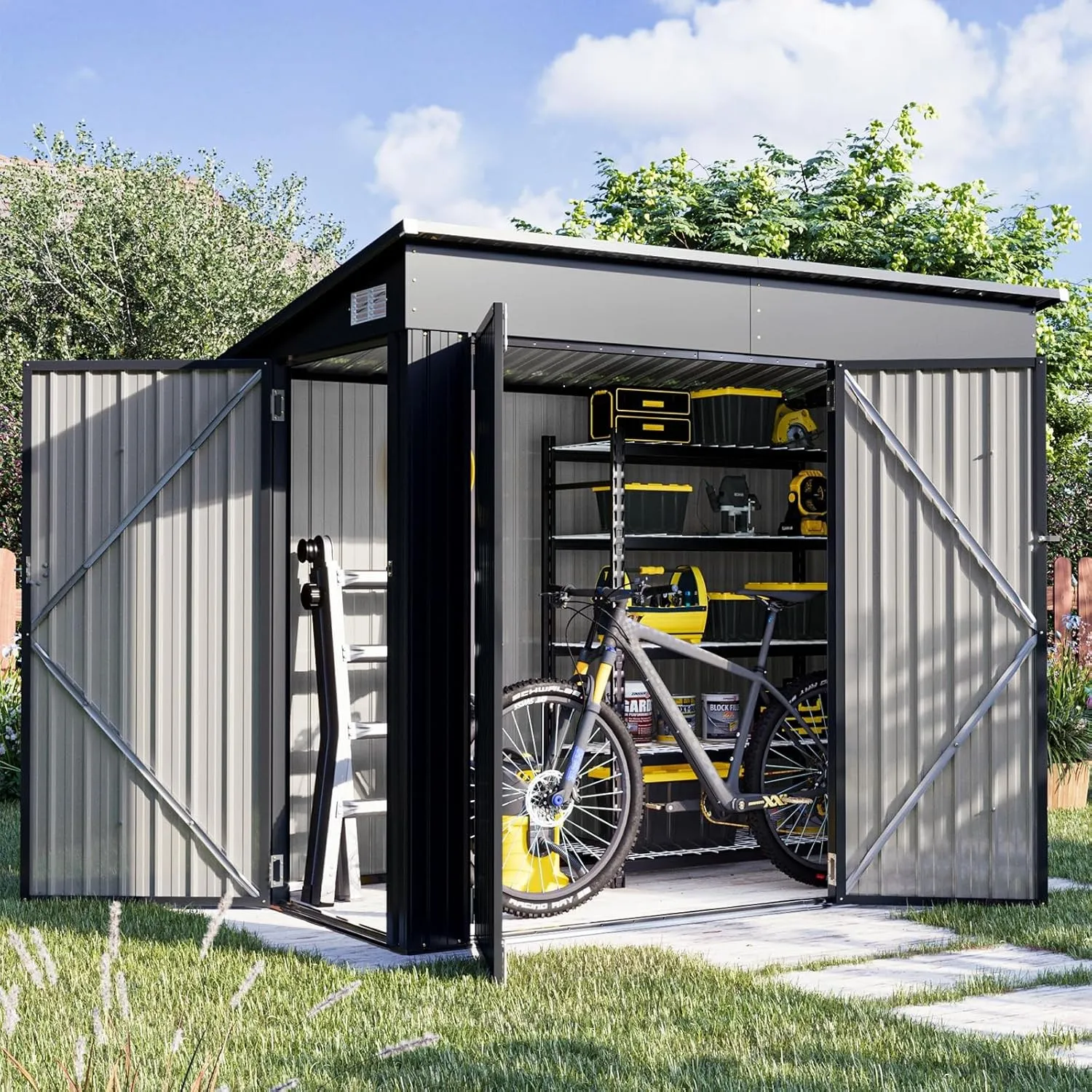 Aoxun Gartenhaus Metall 232x131x183cm mit 3 Türen & Pultdach | wetterfestes Fahrradgarage für bis 4 Fahrräder, stabiler…