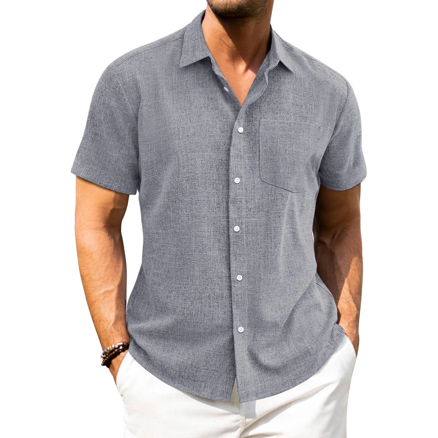 J.VER Leinenhemd Herren Kruzarm Freizeithemd Regular Fit Leicht und Luftig Sommerhemd Leinen Shirt mit Tasche