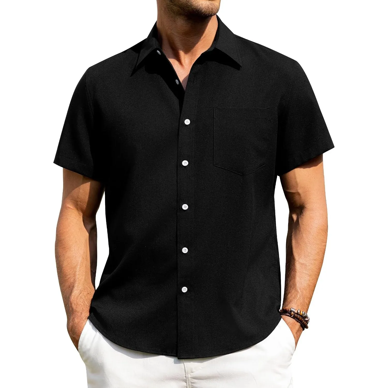 J.VER Leinenhemd Herren Kruzarm Freizeithemd Regular Fit Leicht und Luftig Sommerhemd Leinen Shirt mit Tasche