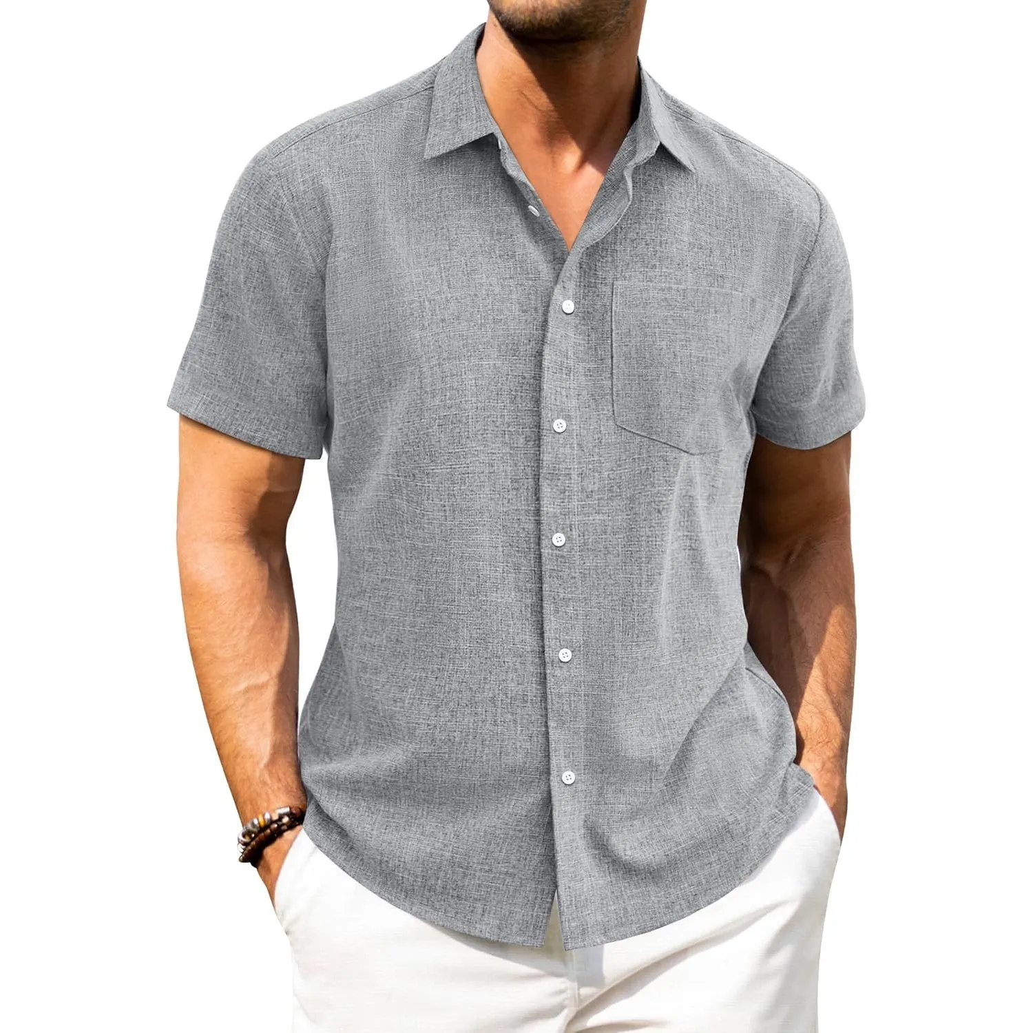 J.VER Leinenhemd Herren Kruzarm Freizeithemd Regular Fit Leicht und Luftig Sommerhemd Leinen Shirt mit Tasche