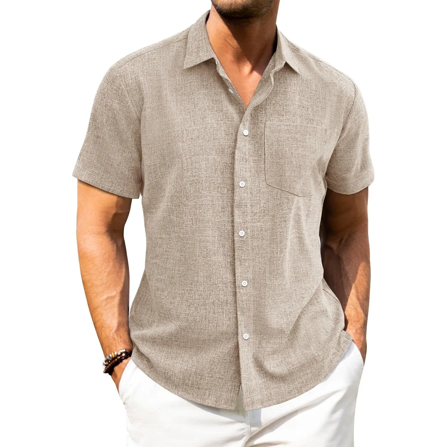 J.VER Leinenhemd Herren Kruzarm Freizeithemd Regular Fit Leicht und Luftig Sommerhemd Leinen Shirt mit Tasche