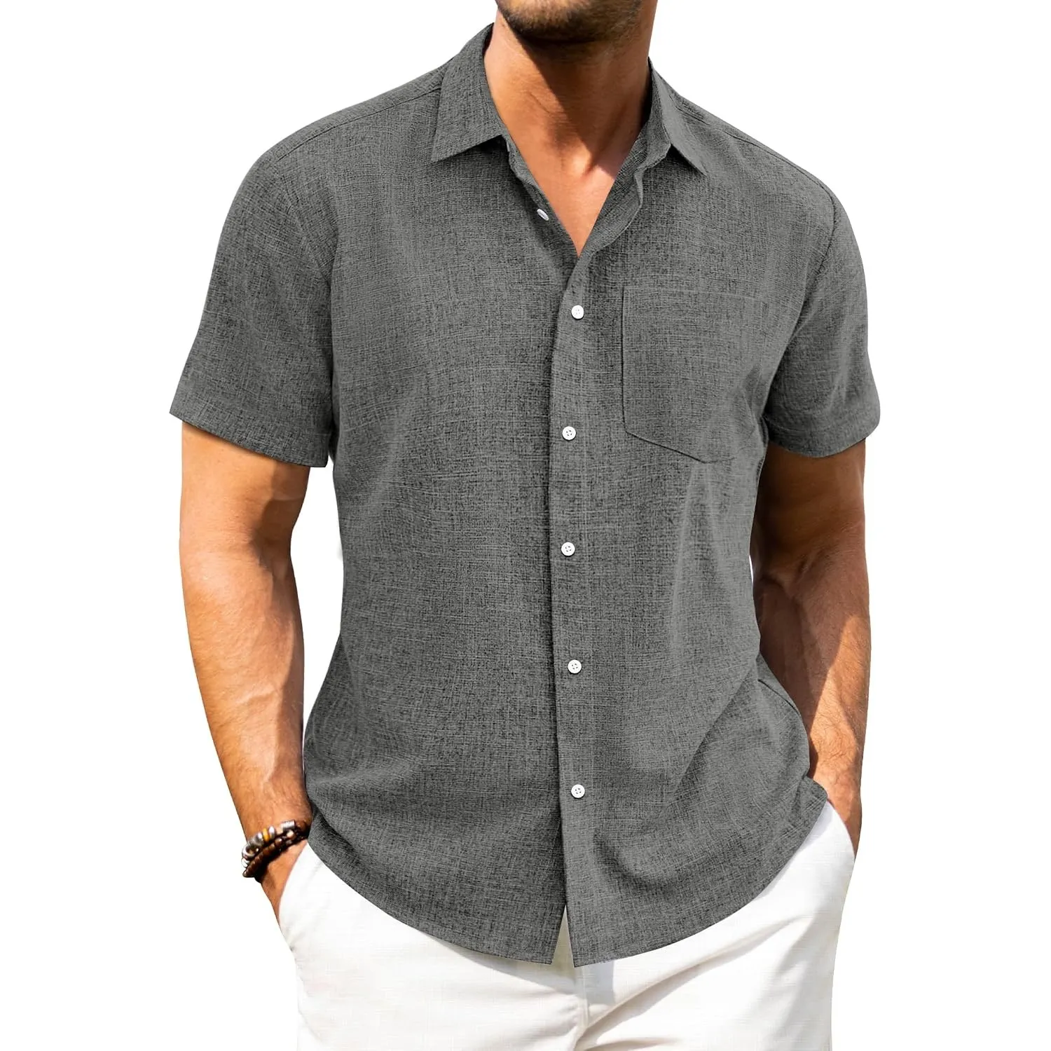 J.VER Leinenhemd Herren Kruzarm Freizeithemd Regular Fit Leicht und Luftig Sommerhemd Leinen Shirt mit Tasche