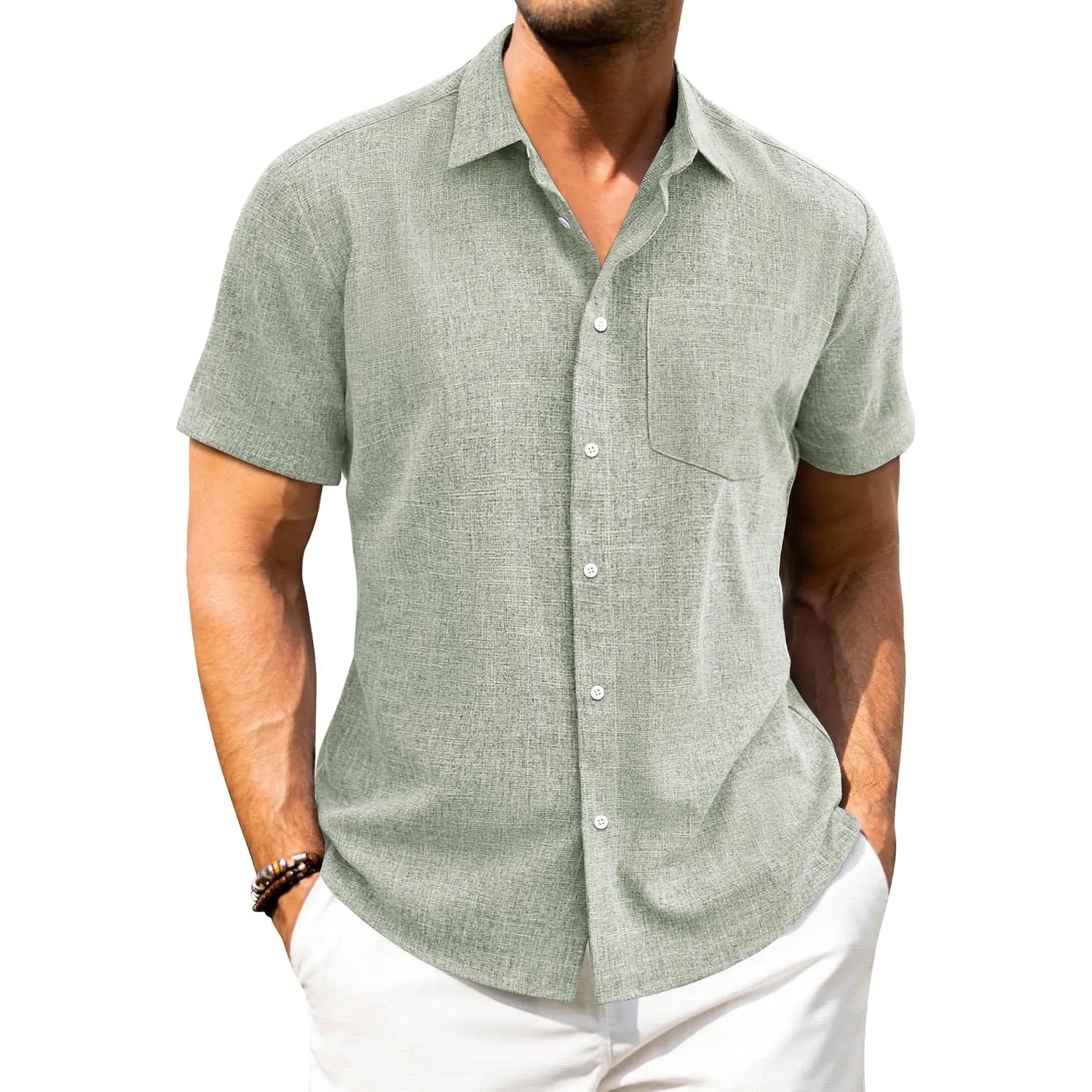 J.VER Leinenhemd Herren Kruzarm Freizeithemd Regular Fit Leicht und Luftig Sommerhemd Leinen Shirt mit Tasche