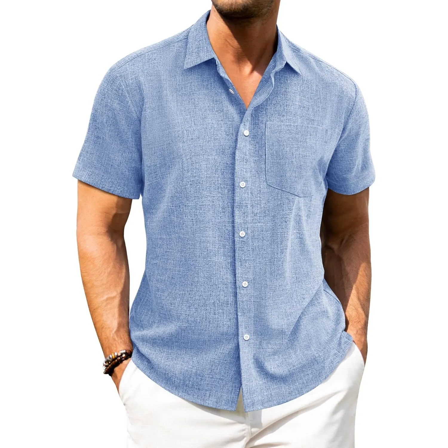 J.VER Leinenhemd Herren Kruzarm Freizeithemd Regular Fit Leicht und Luftig Sommerhemd Leinen Shirt mit Tasche