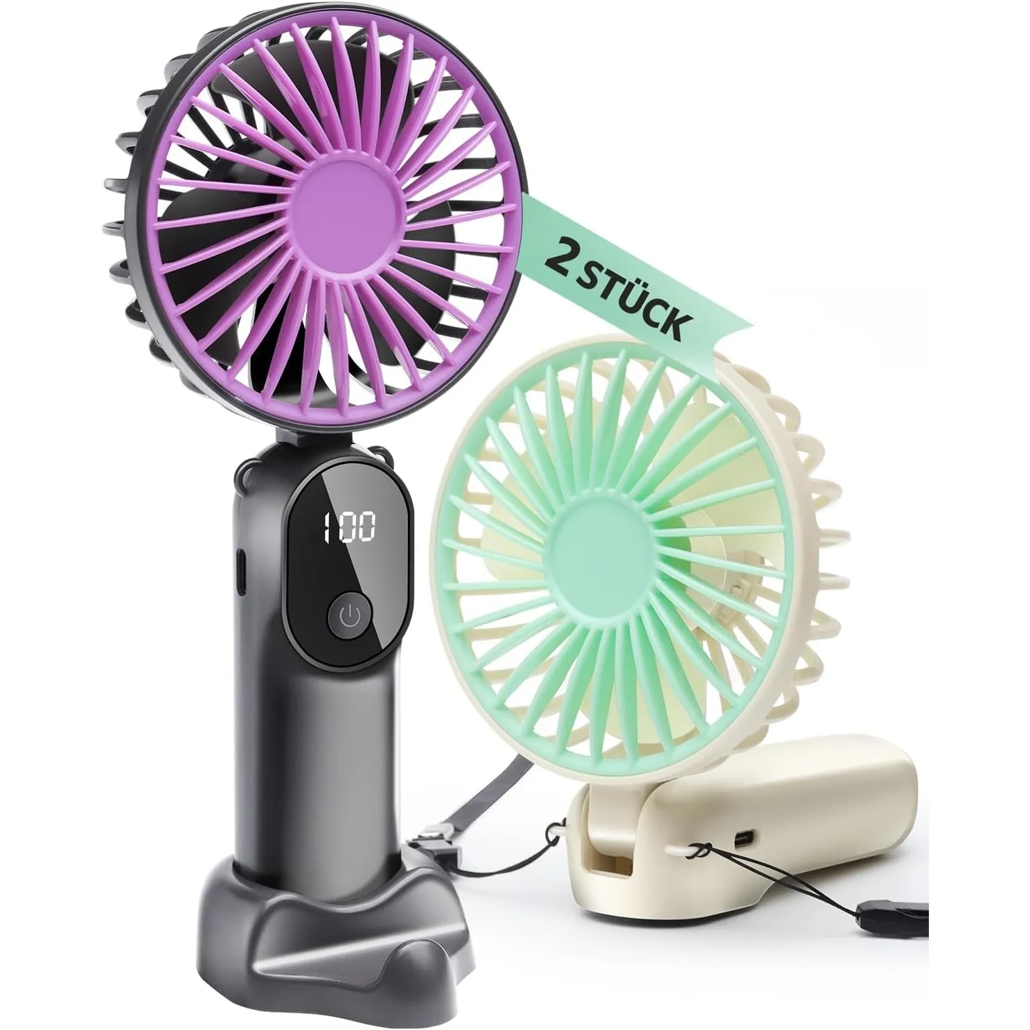 2 Stück Mini Handventilatoren Akku Aufladbar,Tragbarer USB Klein Hand Ventilator Sehr Leise,LED Anzeige,6 Geschwindigke…