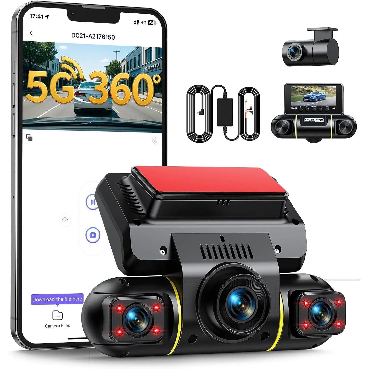 LAMTTO 4 Kanal Dashcam Auto 360° für Vorne Hinten Innen mit Hardwire-Kit, WiFi Dash Kamera für Auto mit 5G WLAN & App, …