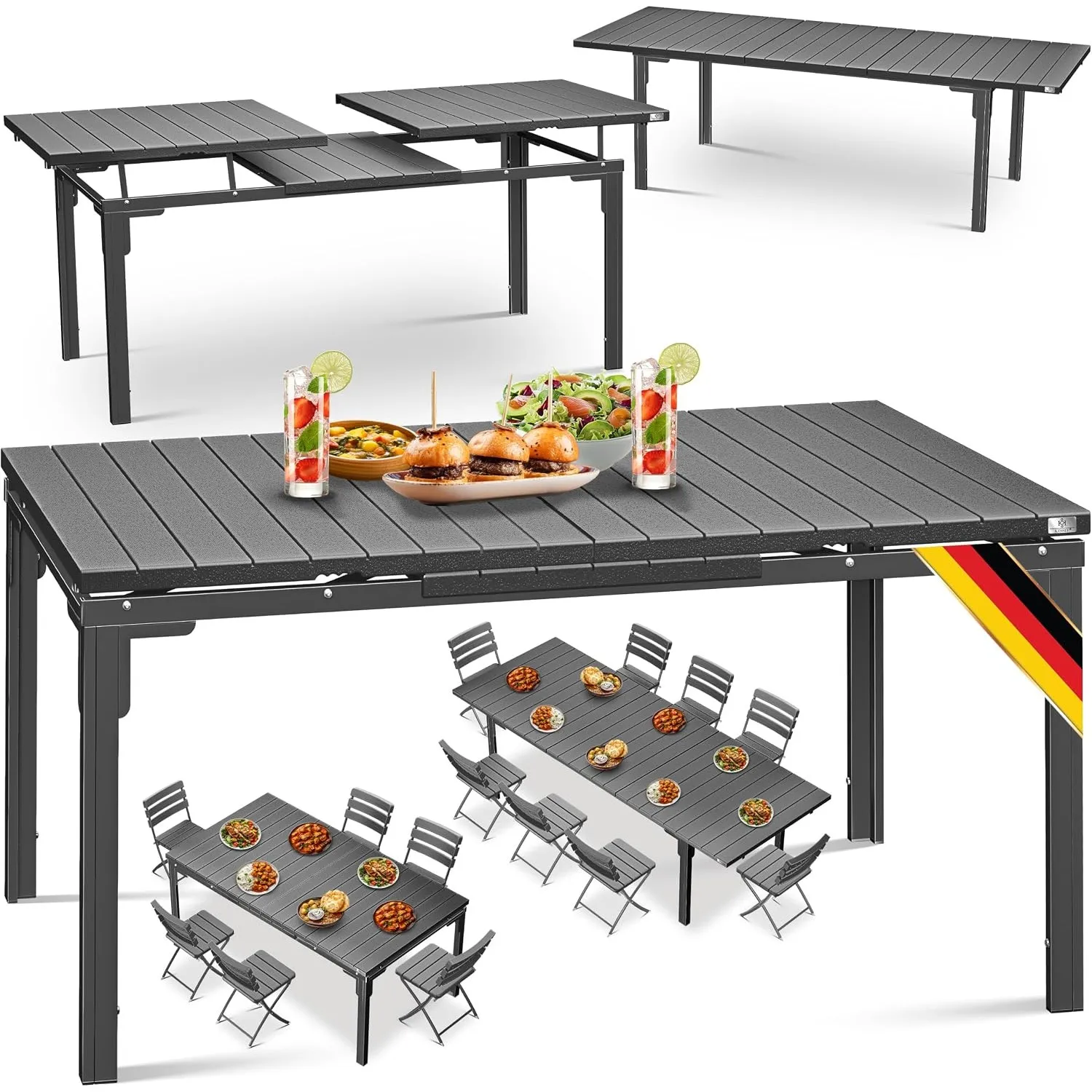 KESSER® Gartentisch ausziehbar Esstisch 180/240x90cm erweiterbar bis 8 Personen Ausziehtisch mit pulverbeschichtetem St…