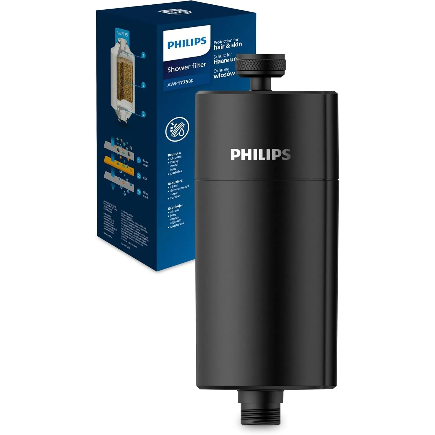 Philips Water Wasser-Inline-Duschfilter, 50 000.L Filterkapazität, SCHWARZ, reduziert Chlor um bis zu 99%, passend für …