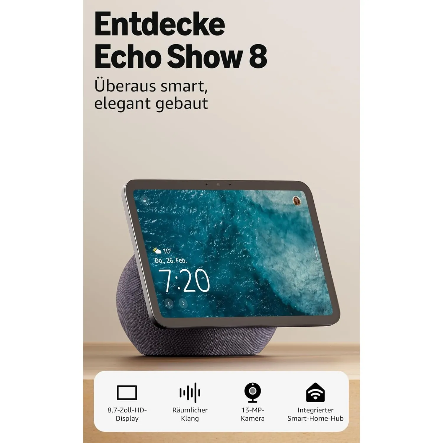 Zertifiziert und generalüberholt Amazon Echo Show 8 (neueste Generation), brillantes 8,7-Zoll-Display in HD-Auflösung m…