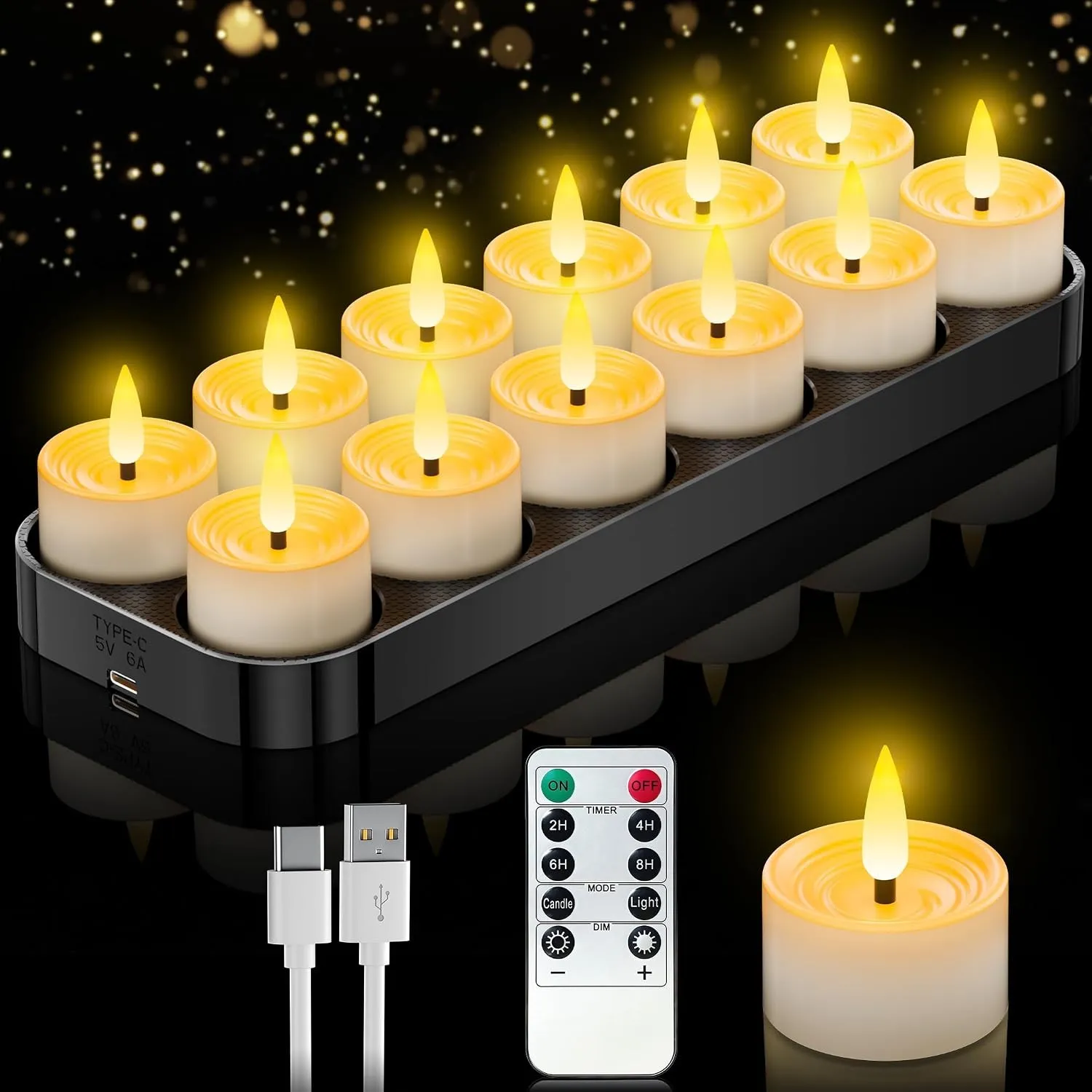 Aufladbare Led Teelichter mit Timerfunktion, 12er Wiederaufladbare LED Teelichter Kerzen Flackernde Flamme mit Fernbedi…