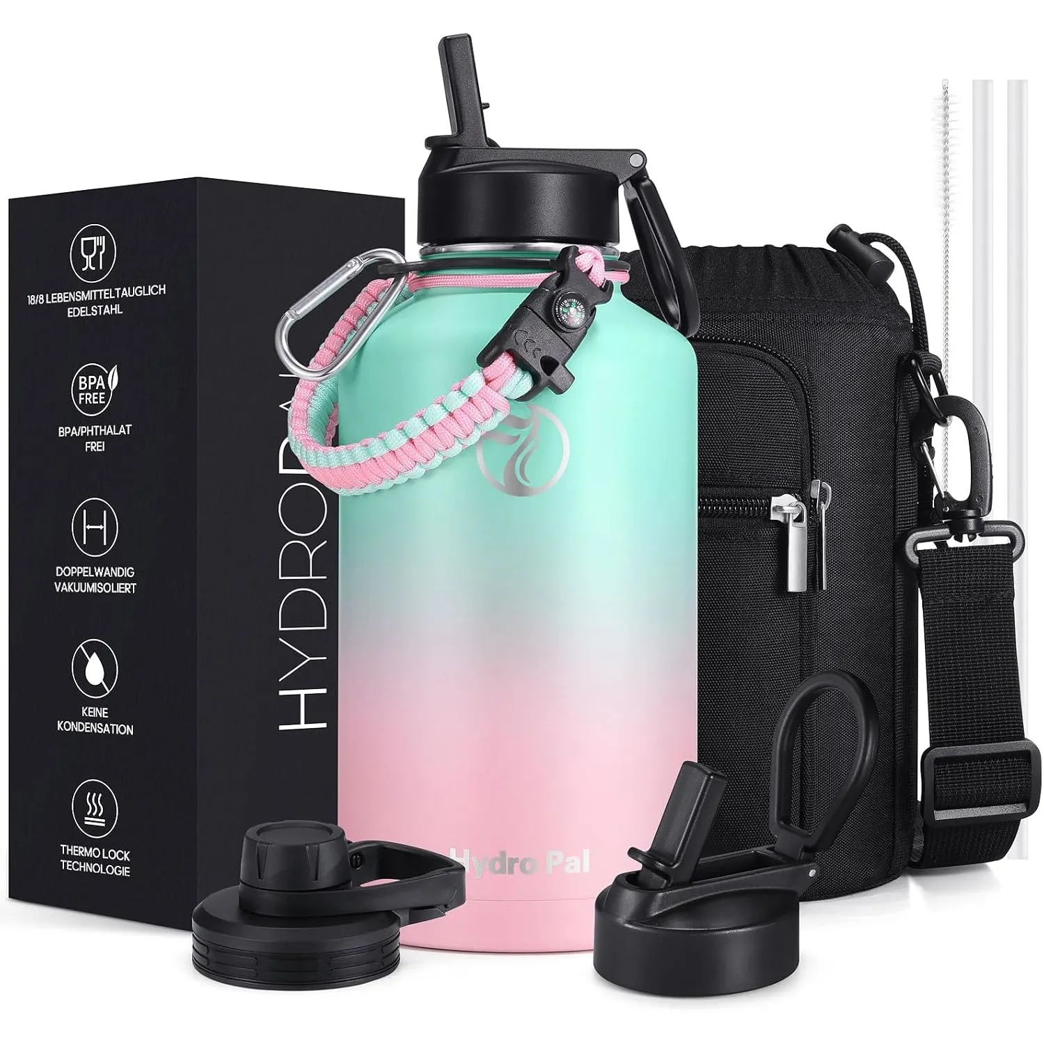 HydroPal 1.9L Edelstahl Isolierflasche,Trinkflasche mit Strohhalm 2 Deckel