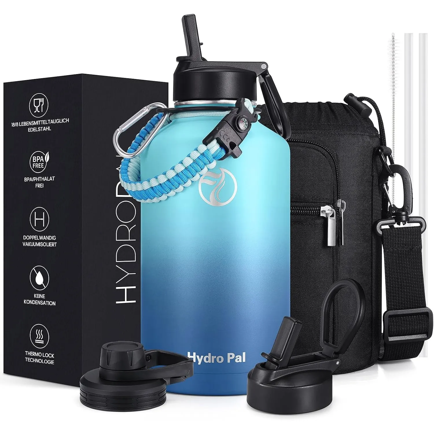HydroPal 1.9L Edelstahl Isolierflasche,Trinkflasche mit Strohhalm 2 Deckel | BPA-frei, 24h kalt & 12h heiß Vakuumflasch…