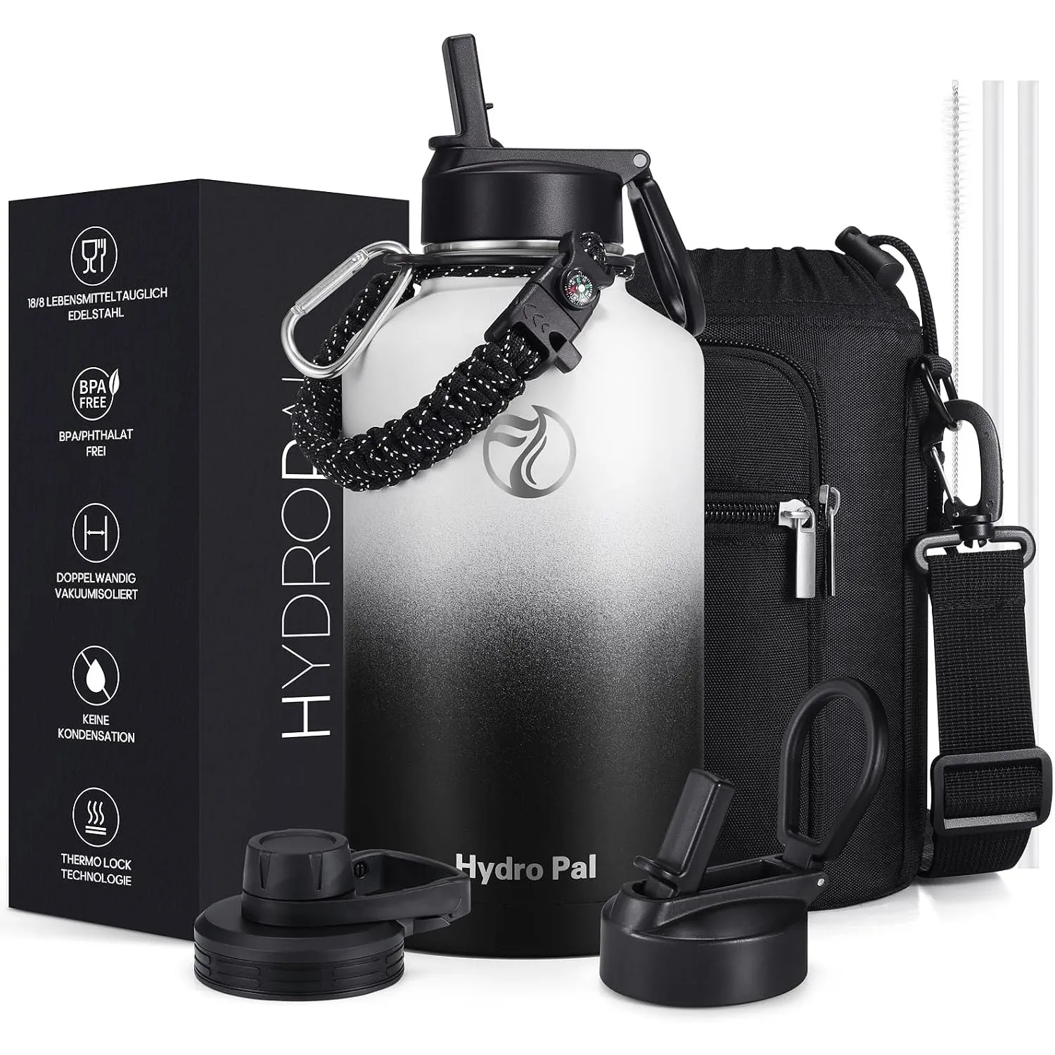 HydroPal 1.9L Edelstahl Isolierflasche,Trinkflasche mit Strohhalm 2 Deckel | BPA-frei, 24h kalt & 12h heiß Vakuumflasch…