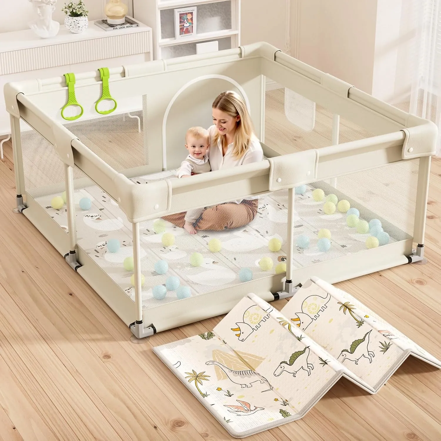 Laufstall Baby mit Matratze, Beige 120x120 Kleines Laufgitter Baby mit Matte, Laufstall für Apartment, Laufgitter mit A…