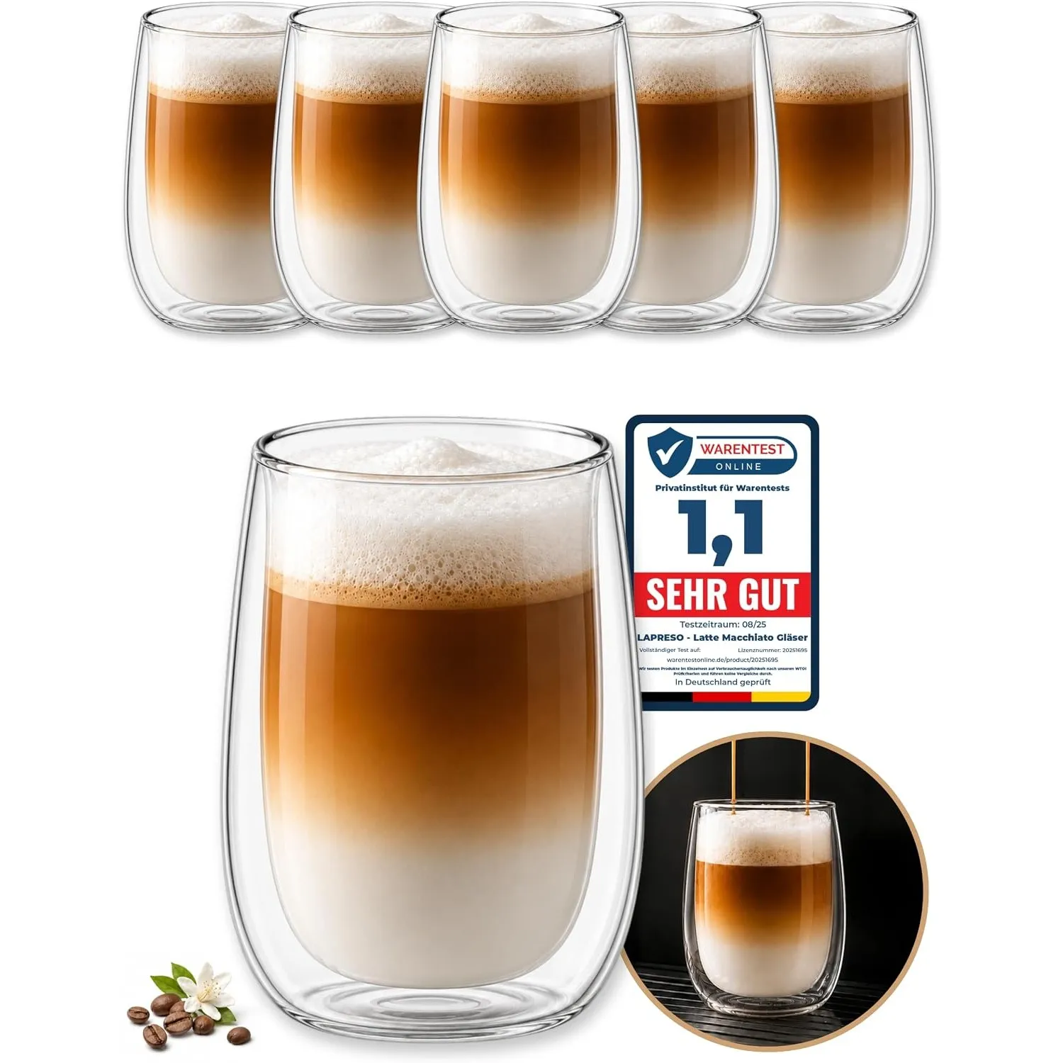 LAPRESO® Doppelwandige Cappuccino Gläser 6er Set 250ml Moderne Kaffeegläser
